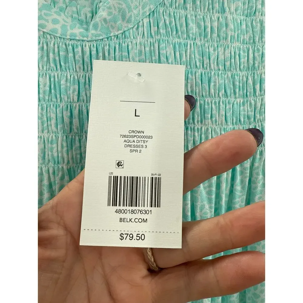 NWT Crown & Ivy Aqua Ditsy Smocked Dress Size L - Picture 4 of 6